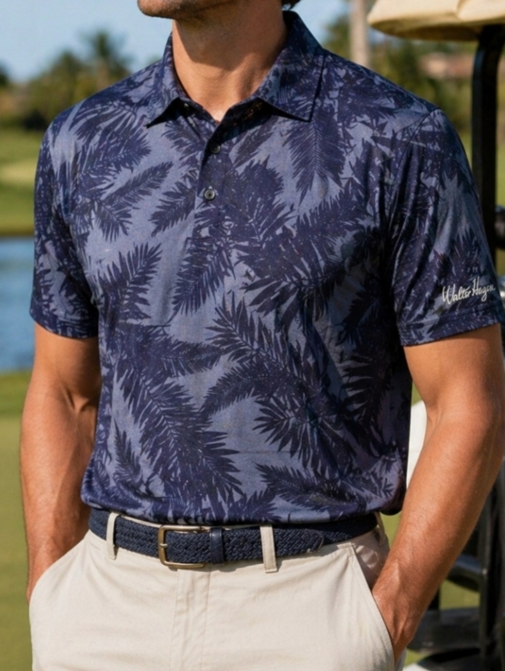 Walter Hagen Golf Blue Palm Leaf Polo Shirt Men’s L Performance Short Sleeve